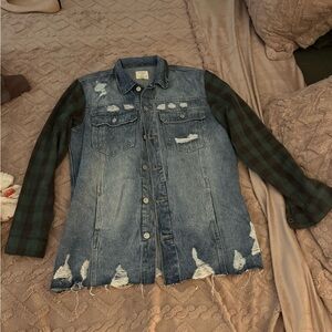 Distressed Denim Jacket with Plaid Sleeves